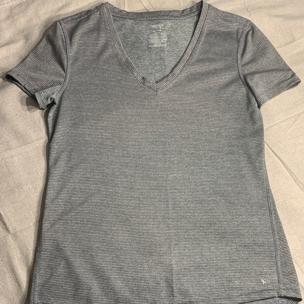 Danskin Now Gray Striped V-Neck Tee